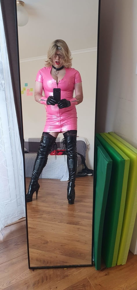 Rachel in pretty pink latex, black thigh boots #106926334