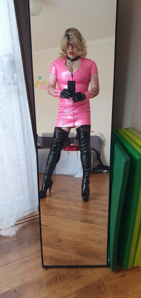 Rachel in pretty pink latex, black thigh boots #106926335
