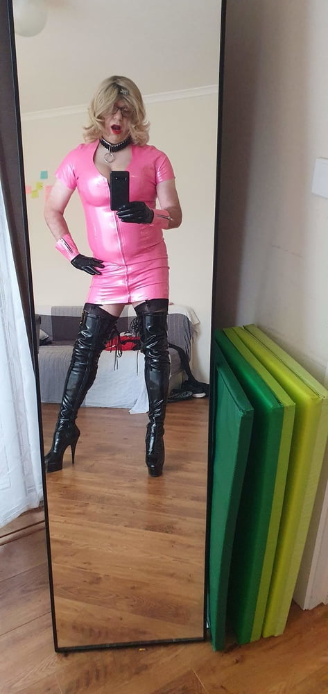 Rachel in pretty pink latex, black thigh boots #106926336