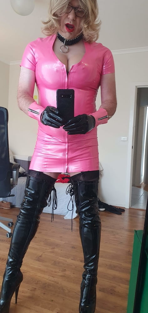 Rachel in pretty pink latex, black thigh boots #106926337