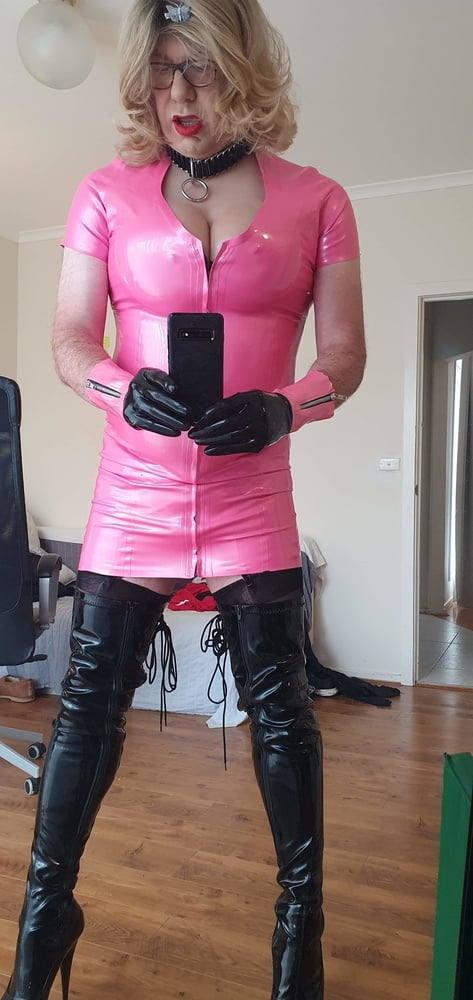 Rachel in pretty pink latex, black thigh boots #106926338