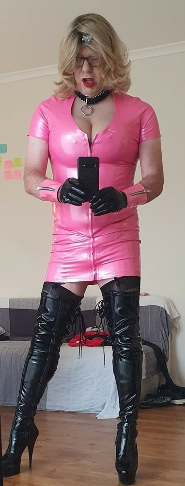 Rachel in pretty pink latex, black thigh boots #106926340