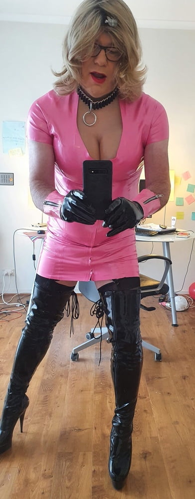 Rachel in pretty pink latex, black thigh boots #106926341