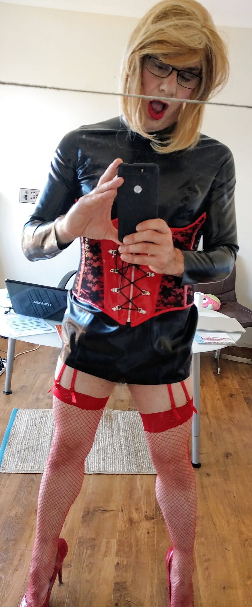 Red fishnets and hot corset combo #107111212