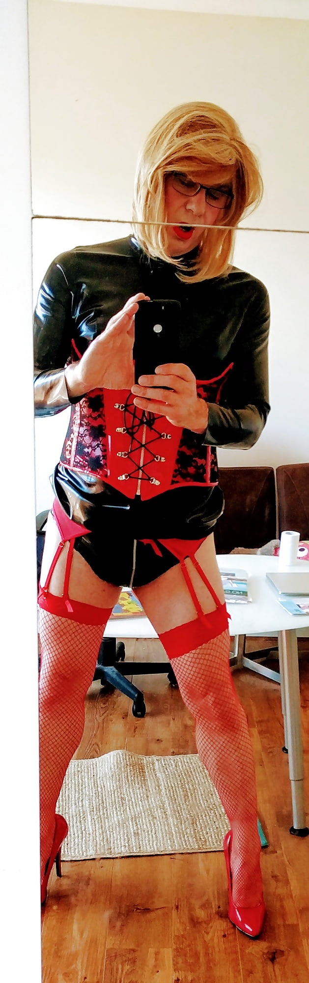 Red fishnets and hot corset combo #107111218
