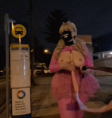 Pink leashed sissy in public #106940390