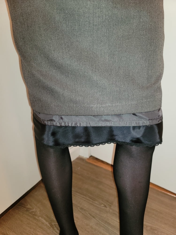 Grey Pencil Skirt with black silky half slip #106848107