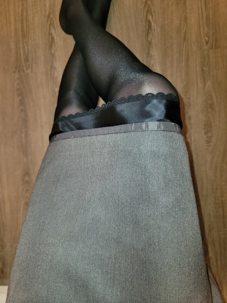 Grey Pencil Skirt with black silky half slip #106848116