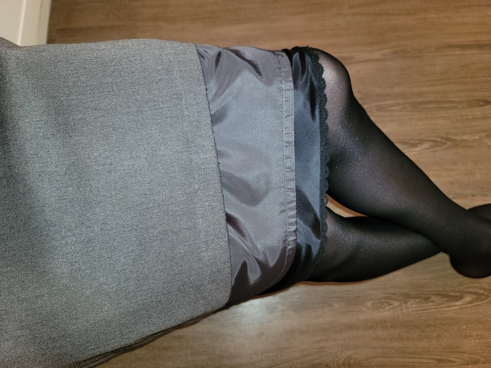 Grey Pencil Skirt with black silky half slip #106848118
