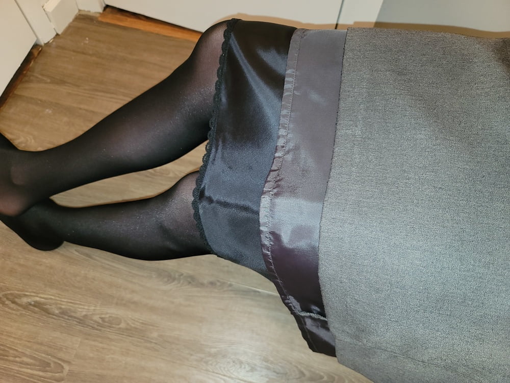 Grey Pencil Skirt with black silky half slip #106848120