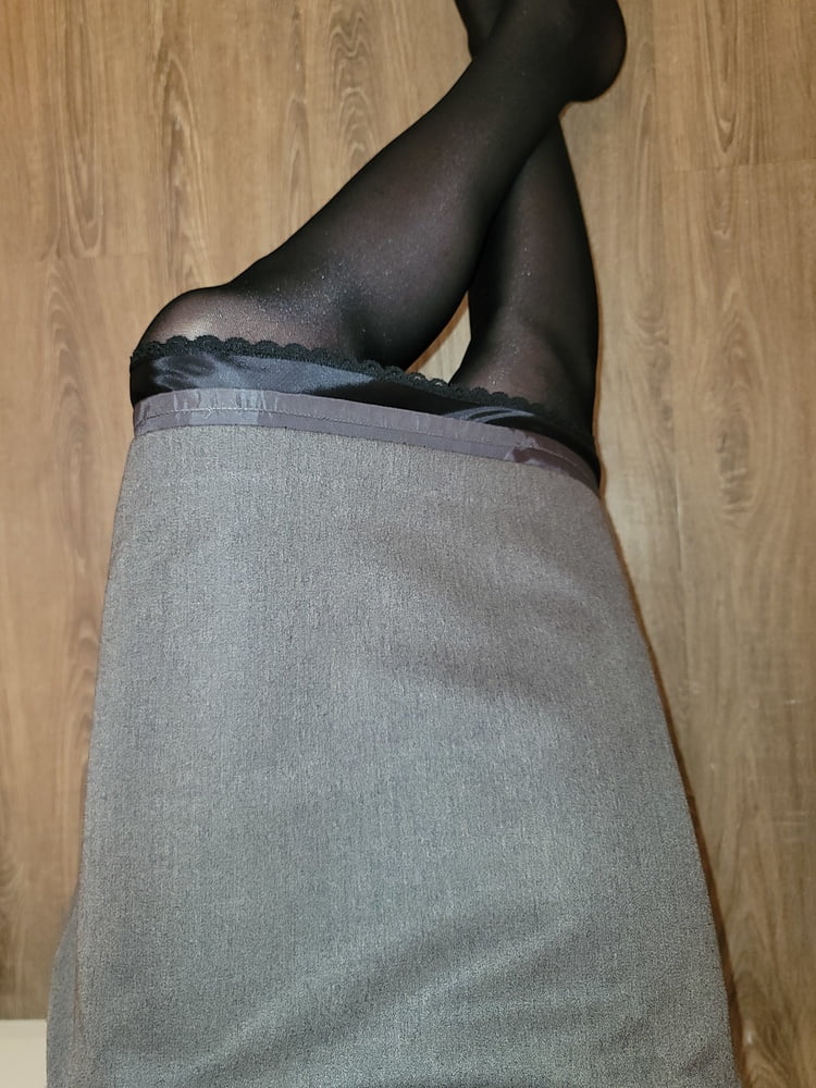 Grey Pencil Skirt with black silky half slip #106848131