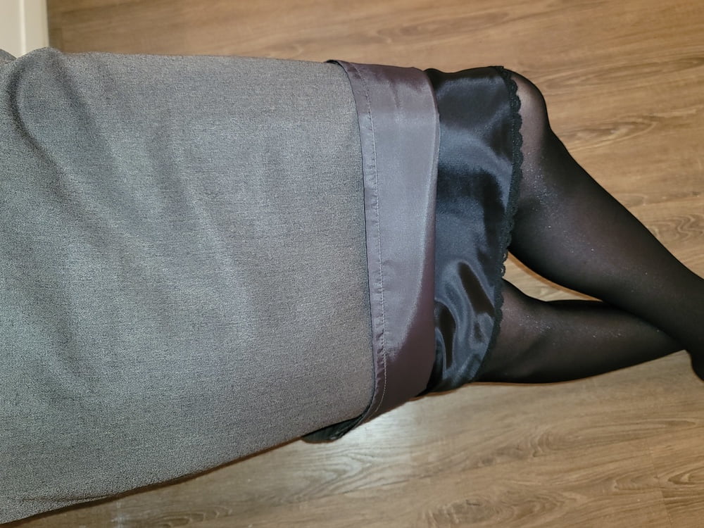 Grey Pencil Skirt with black silky half slip #106848132