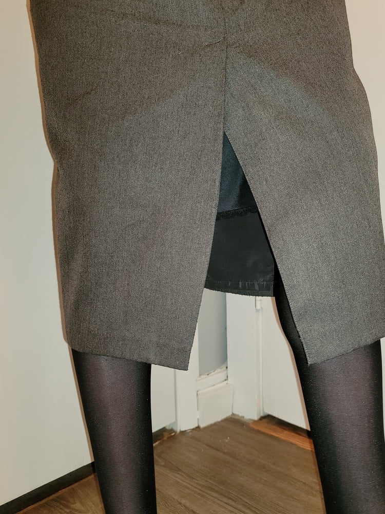Grey Pencil Skirt with black silky half slip #106848144