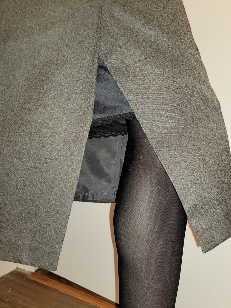 Grey Pencil Skirt with black silky half slip #106848145