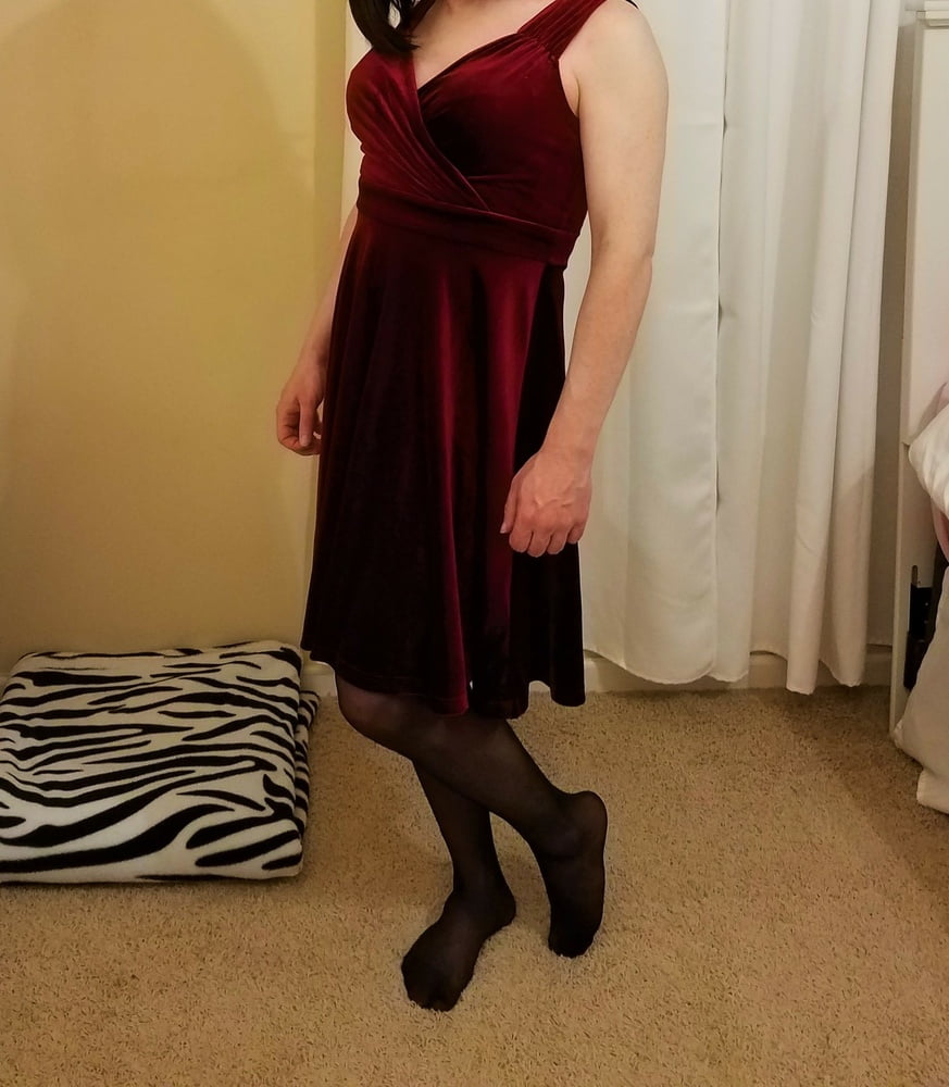 Sissy in a Red Velvet Dress Showing His Hard Little Dick #106921704