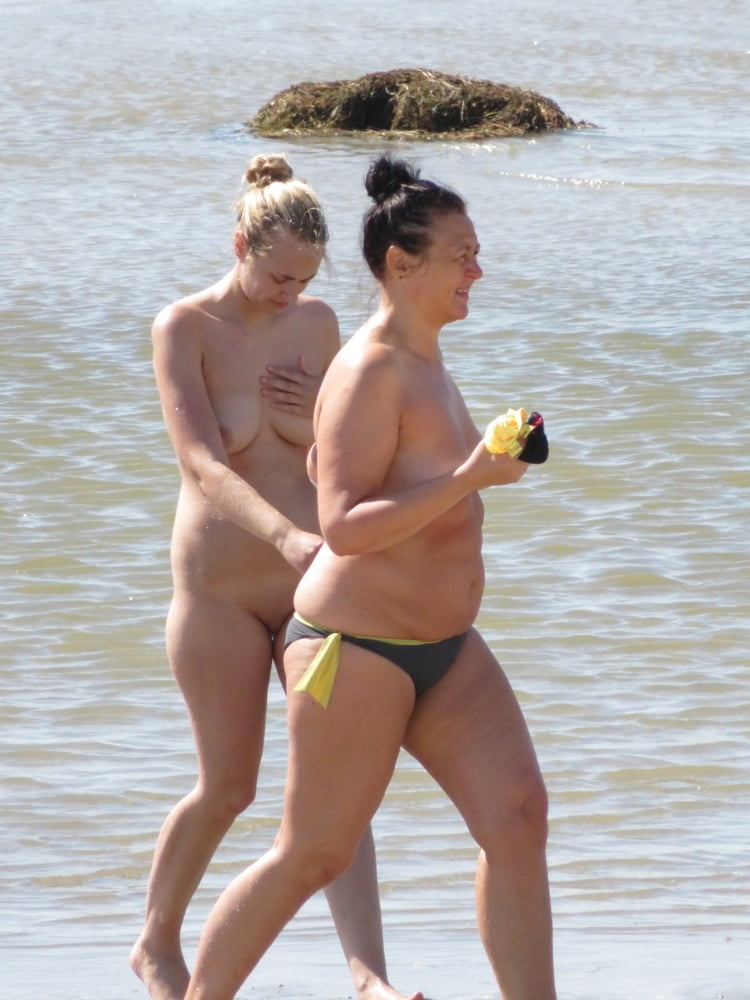 Embarrassed Nudist Slut on the Beach with Mom CFNF OON #99112967