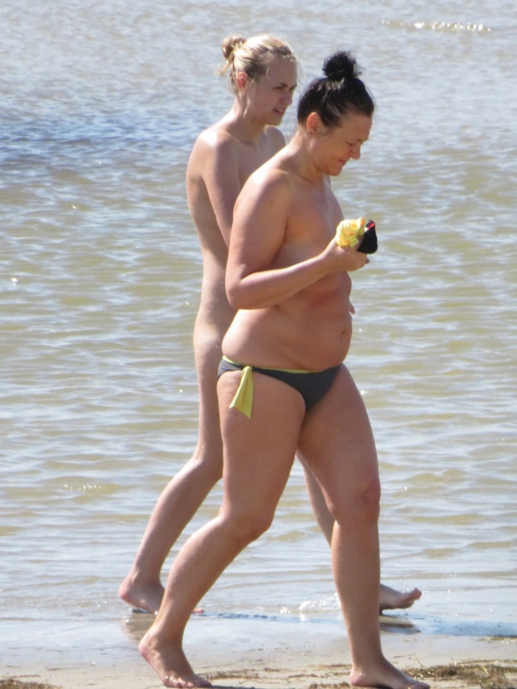 Embarrassed Nudist Slut on the Beach with Mom CFNF OON #99112969