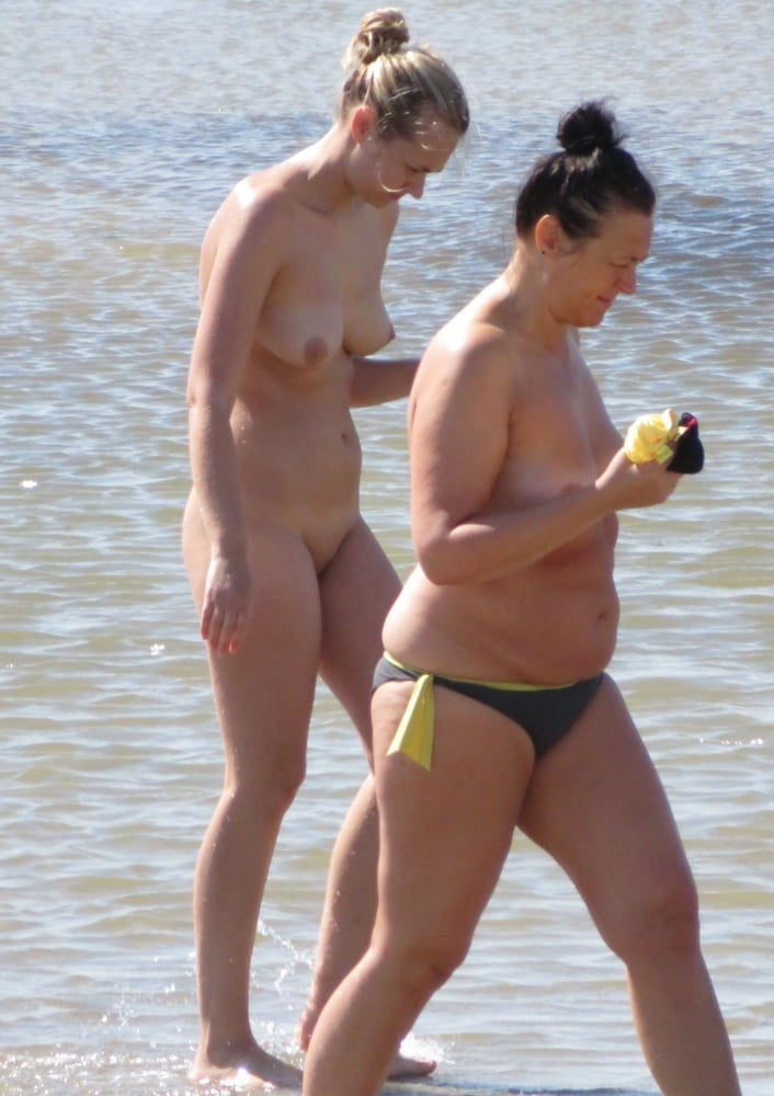 Embarrassed Nudist Slut on the Beach with Mom CFNF OON #99112975