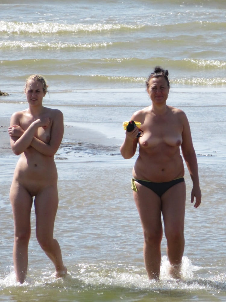 Embarrassed Nudist Slut on the Beach with Mom CFNF OON #99113017