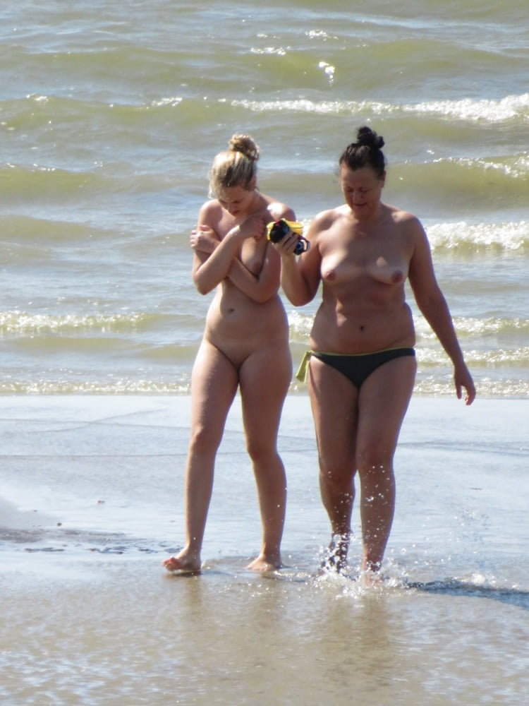 Embarrassed Nudist Slut on the Beach with Mom CFNF OON #99113042