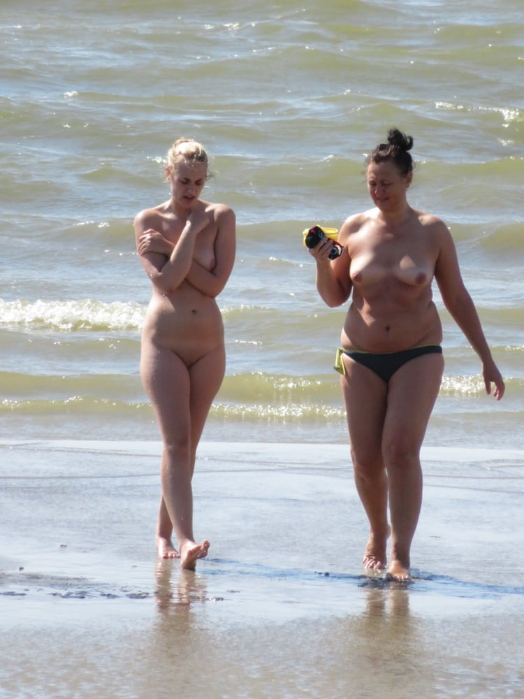 Embarrassed Nudist Slut on the Beach with Mom CFNF OON #99113048