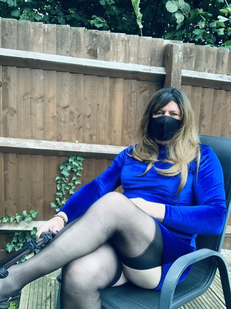 Kelly in blue velvet dress in stockings and heels #106851870