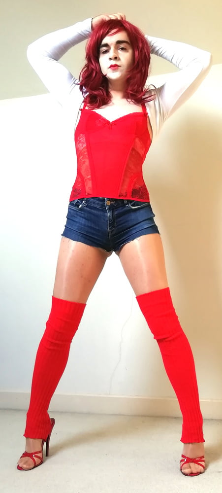 Marie crossdresser in red basque and shiny pantyhose #107067662