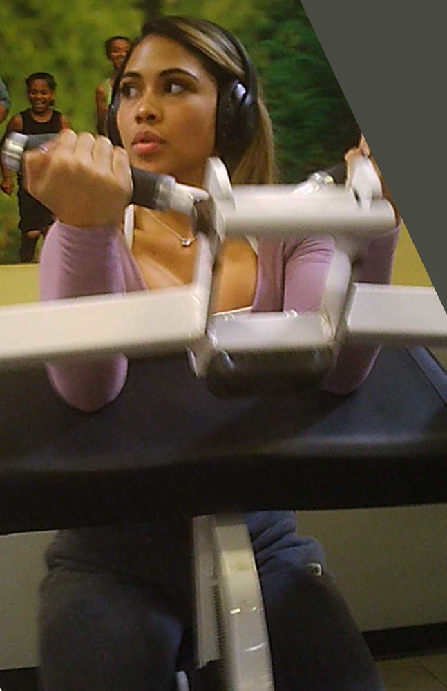 Latina beauty shows massive cleavage in gym #103086618