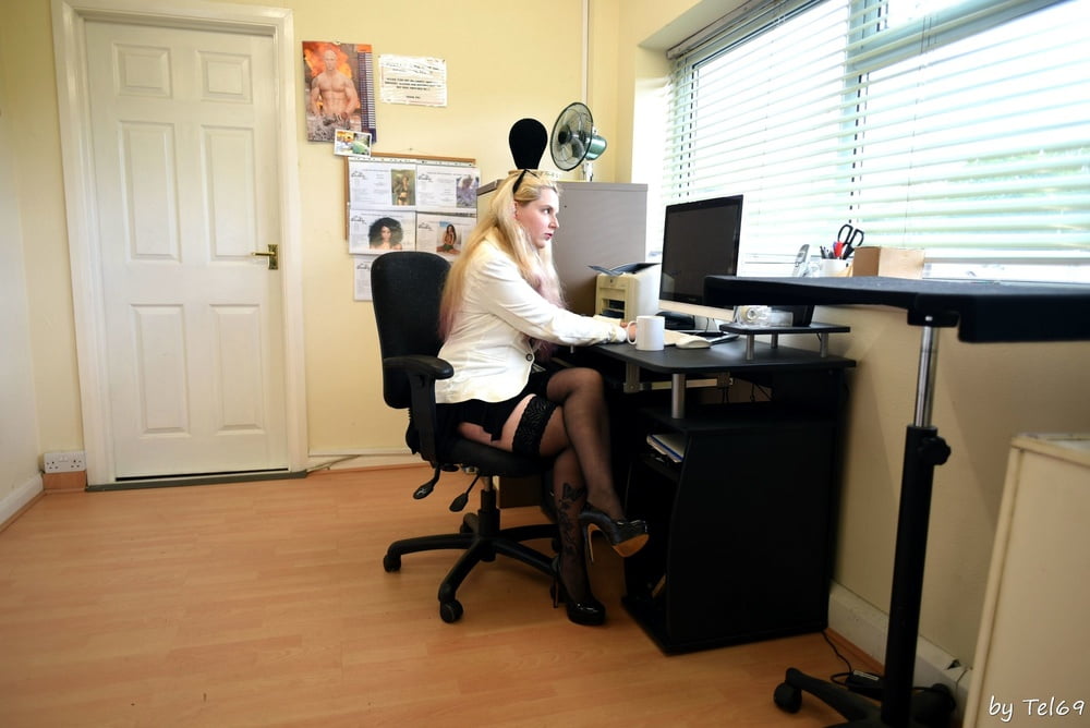 Buxom blonde T strips off in the office #89869438