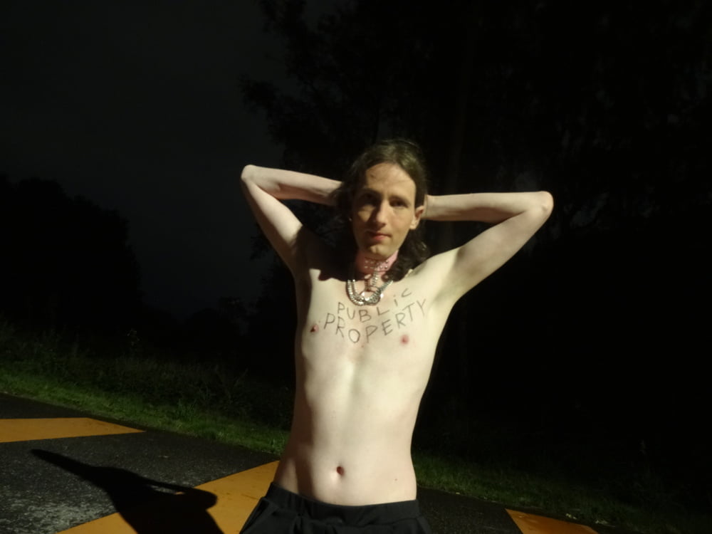 Showing off my new sissy collar outdoors at night #107163860