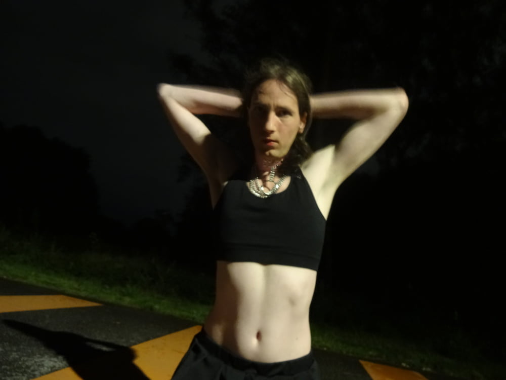 Showing off my new sissy collar outdoors at night #107163862