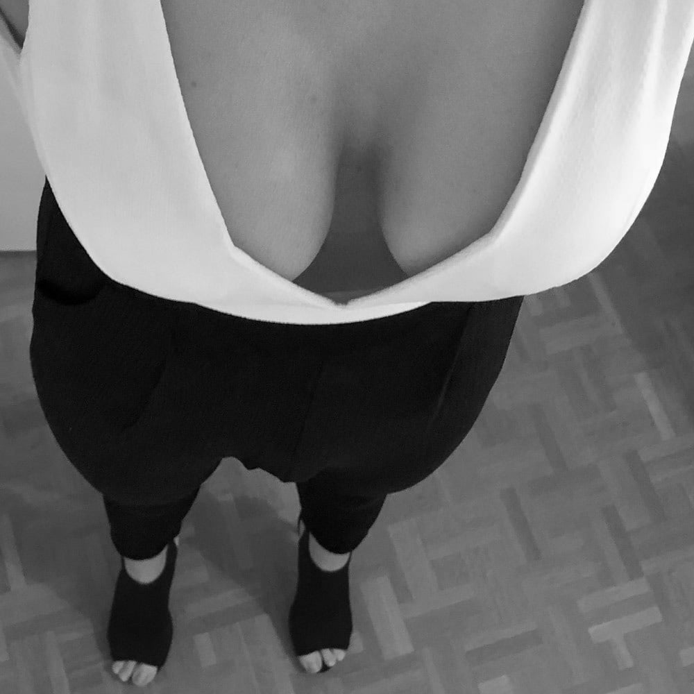 Black &amp; white jumpsuit huge cleavage #106830816