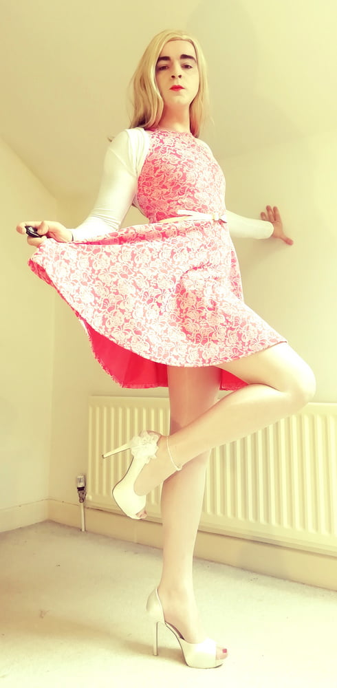 Marie Crossdresser white pantyhose and pink dress (Blonde!) #106842013
