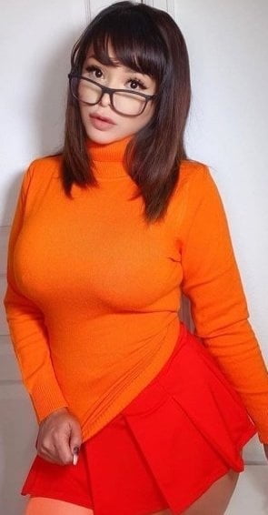 Velma cosplay jupe flexible orange chaussettes culotte jambes cul
 #97417406