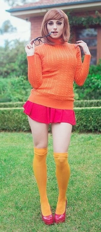 Velma cosplay jupe flexible orange chaussettes culotte jambes cul
 #97417569