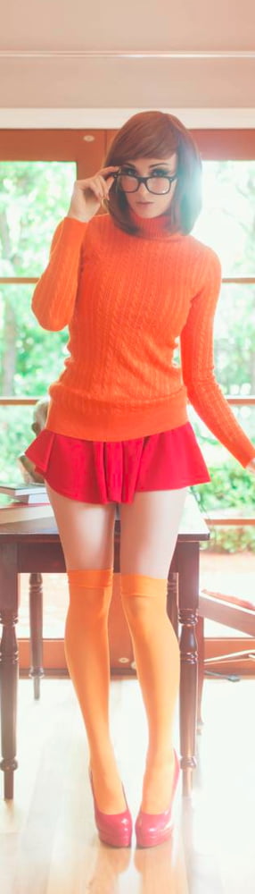 Velma cosplay jupe flexible orange chaussettes culotte jambes cul
 #97417769