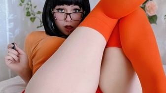 Velma cosplay jupe flexible orange chaussettes culotte jambes cul
 #97417772