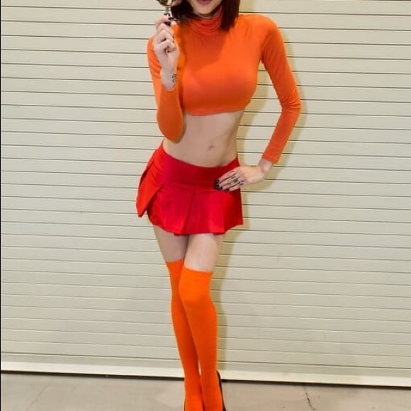 Velma cosplay jupe flexible orange chaussettes culotte jambes cul
 #97418133