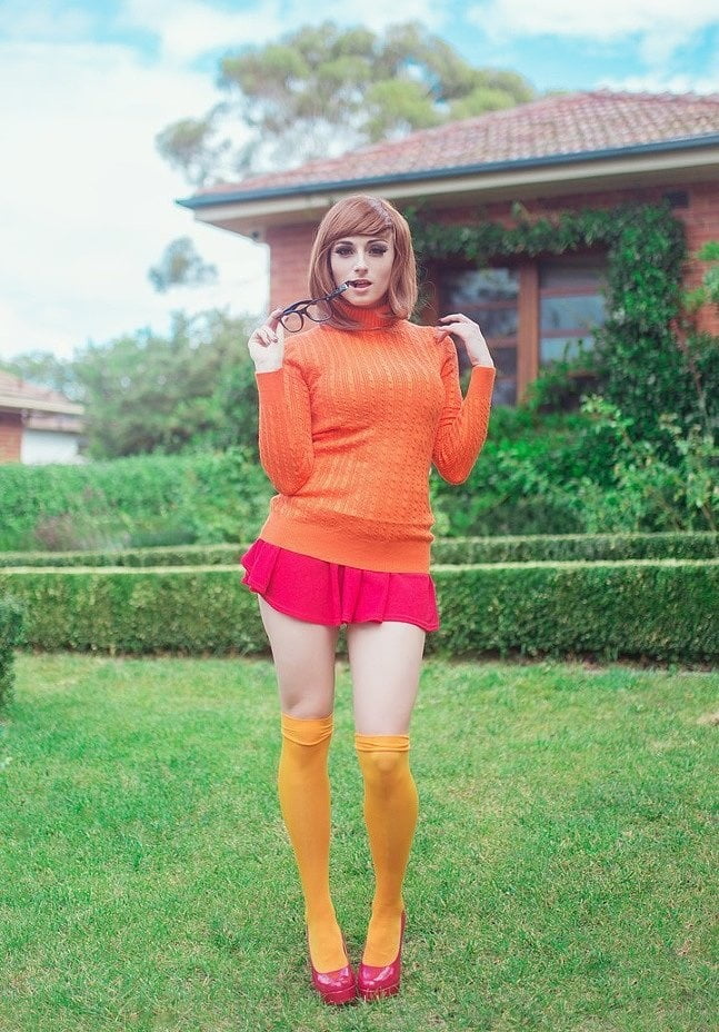 Velma cosplay jupe flexible orange chaussettes culotte jambes cul
 #97418553