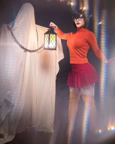 Velma cosplay jupe flexible orange chaussettes culotte jambes cul
 #97419126