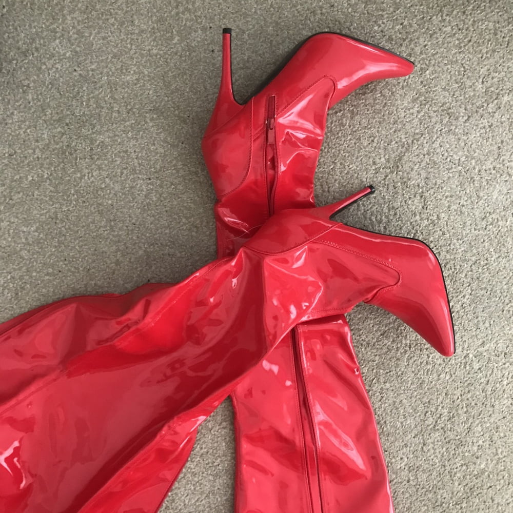 Boots - Red PVC thigh high boots #106998220