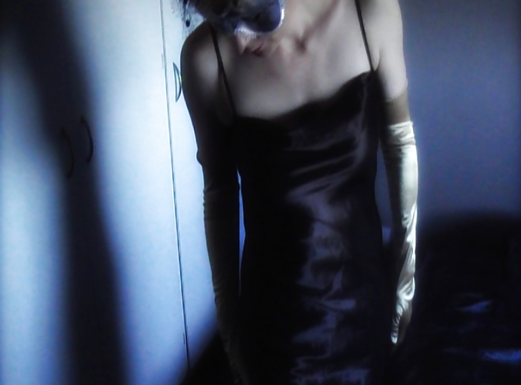 Silky black satin gown, gold satin gloves #106904675