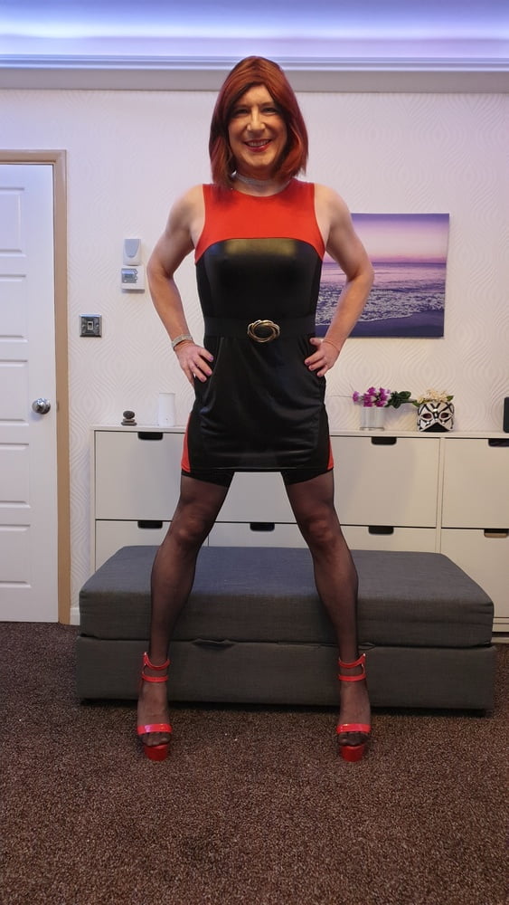 TGirl Lucy posing and playing in black and red bodycon dress #106990378