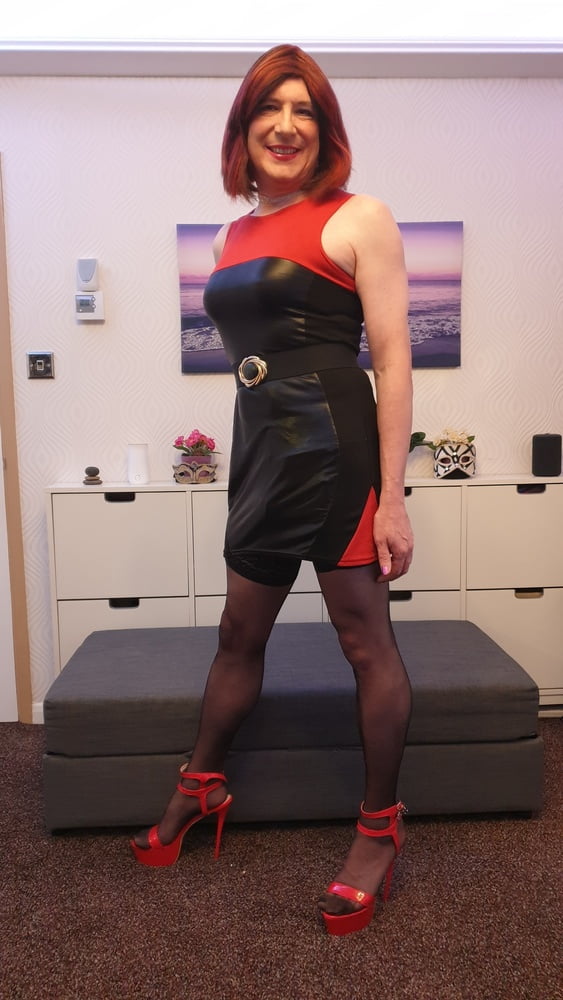 TGirl Lucy posing and playing in black and red bodycon dress #106990381