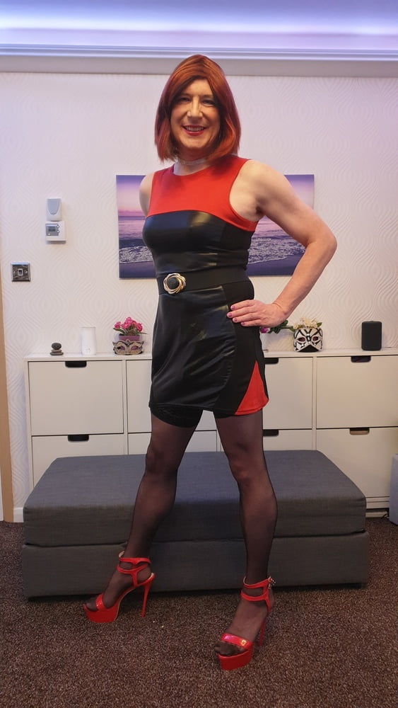 TGirl Lucy posing and playing in black and red bodycon dress #106990383