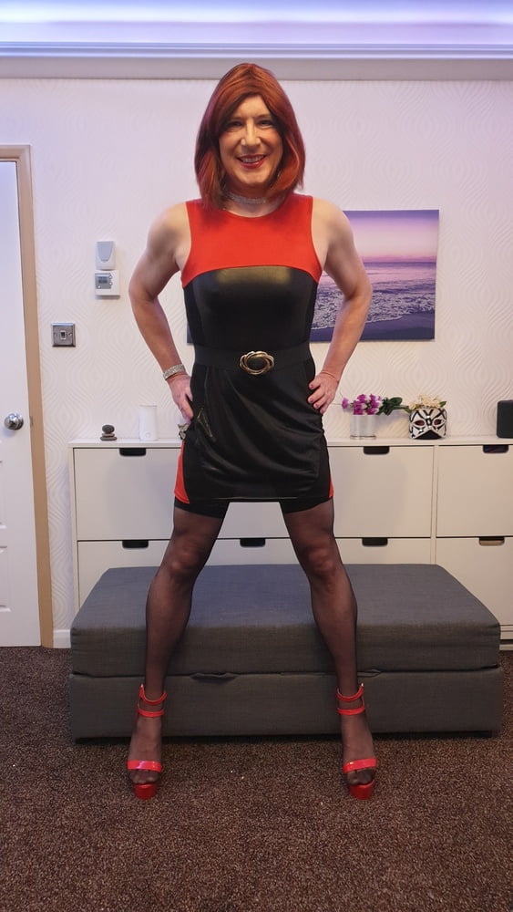 TGirl Lucy posing and playing in black and red bodycon dress #106990385
