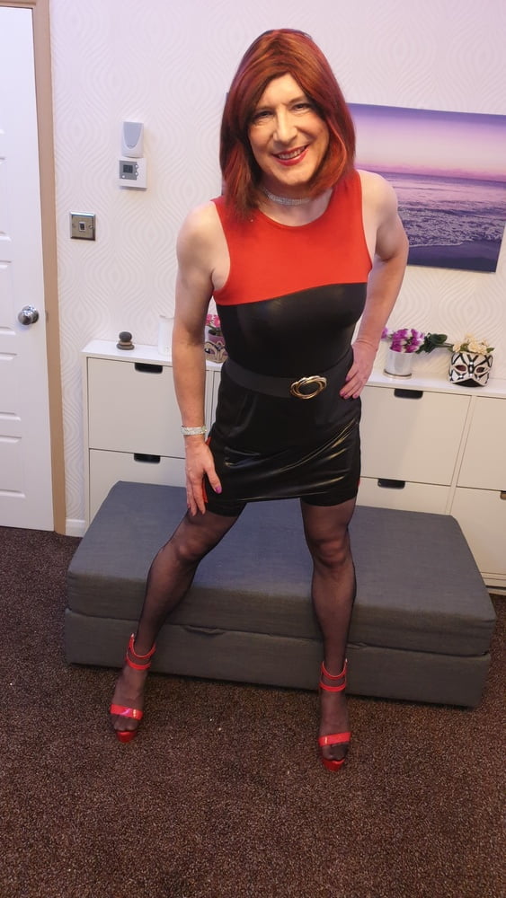 TGirl Lucy posing and playing in black and red bodycon dress #106990388