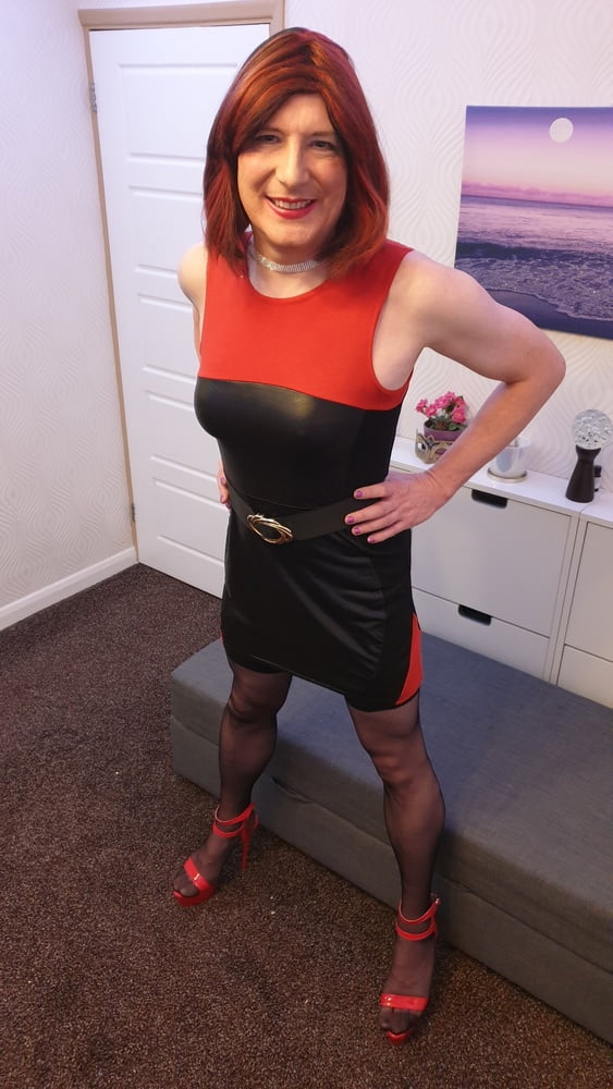 TGirl Lucy posing and playing in black and red bodycon dress #106990392