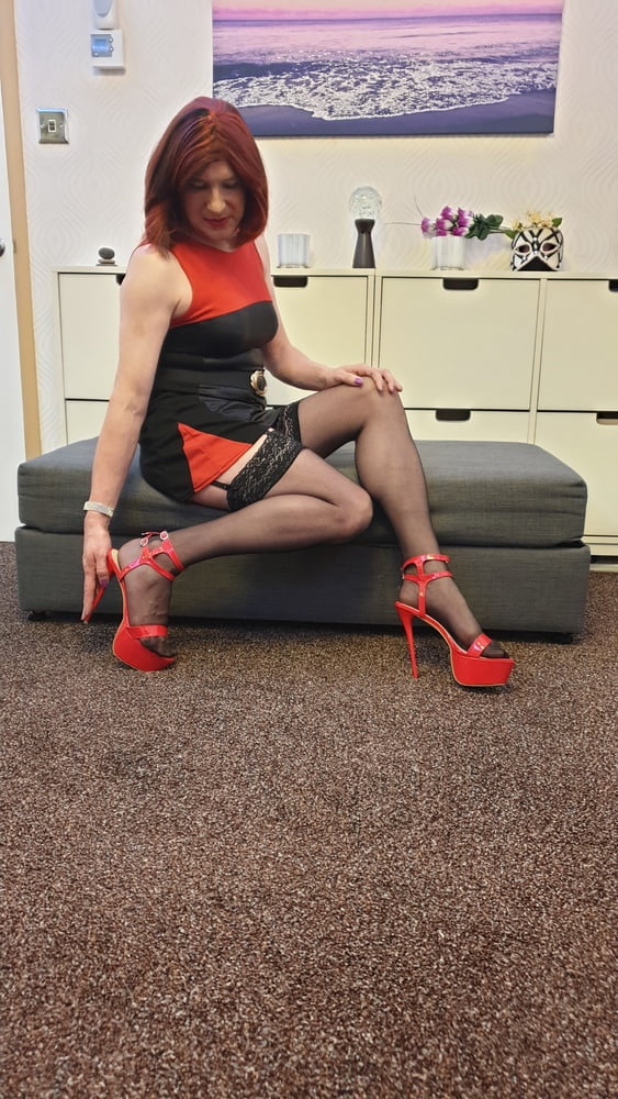 TGirl Lucy posing and playing in black and red bodycon dress #106990411