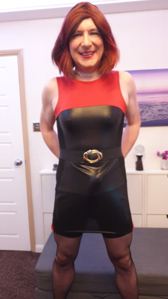 TGirl Lucy posing and playing in black and red bodycon dress #106990441